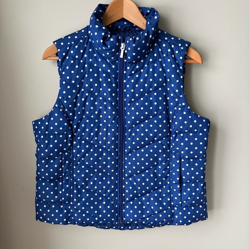 Lands'‎ End Women's Sz M Petite 10-12 Down Puffer Vest Blue Full Zip Polka Dots
